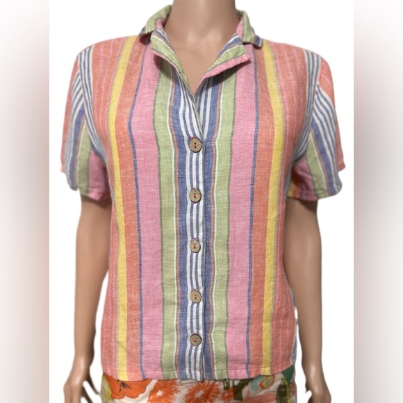 C&C California Womens S Shirt 100% Linen Button Front Rainbow Stripe - Picture 2 of 10